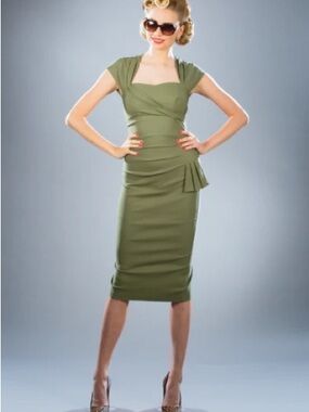 Stop Staring Olive Green Vintage-Inspired Midi Sheath Dress